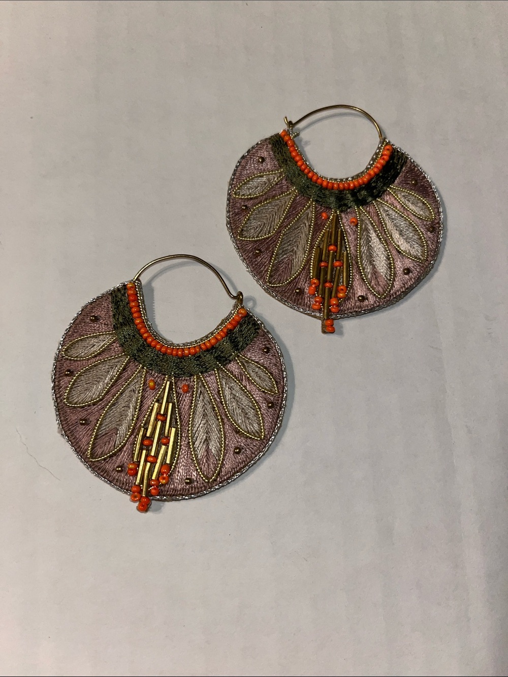 Embroidered Olive Green Hoop Earrings with Orange Bead Accents
